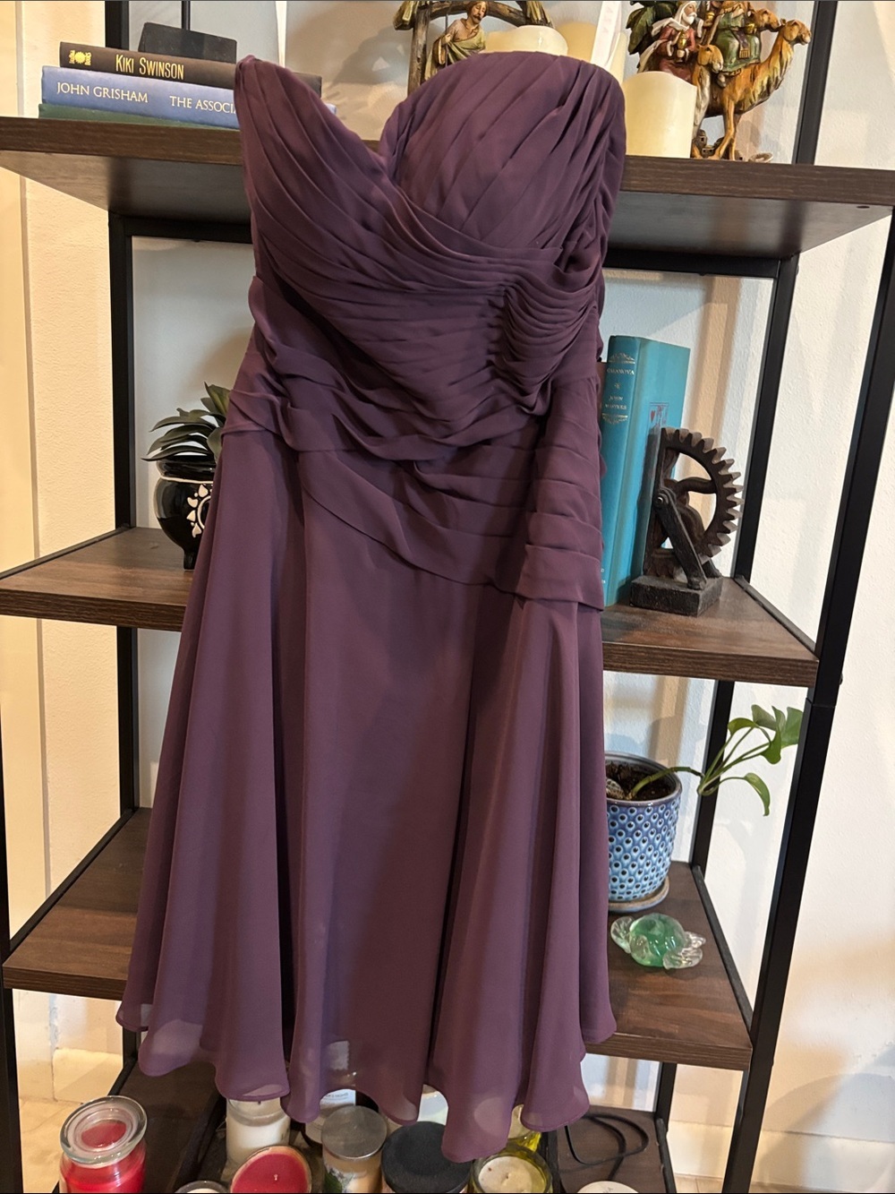 Azazie Strapless Pleated Chiffon Midi Dress - Plum Size 8 Wedding Prom
